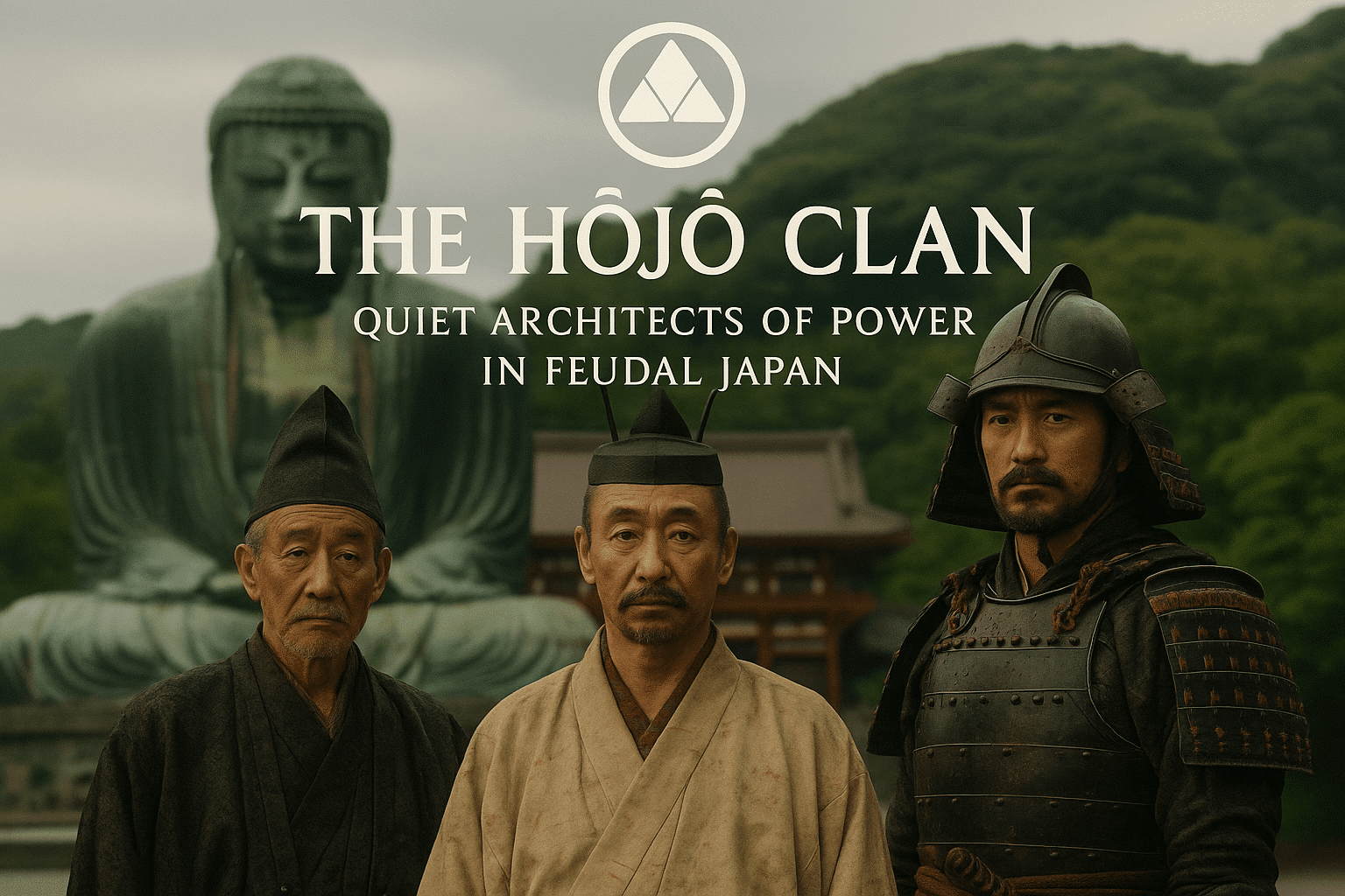 alt_text: Cover design for "The Hōjō Clan," featuring serene Kamakura, clan emblem, and historical figures.