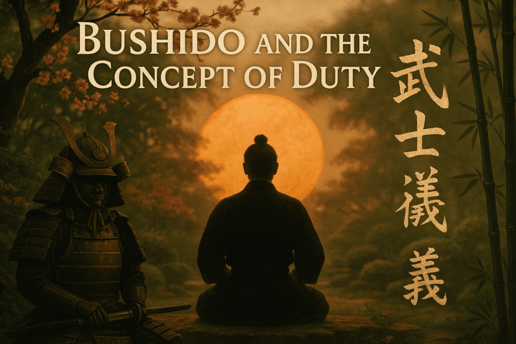 alt_text: A serene landscape with a meditative Samurai, Kanji characters, and earthy tones reflecting Bushido.