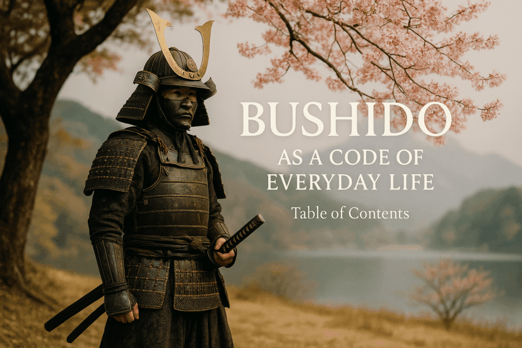 alt_text: A serene eBook cover depicting a samurai, cherry blossoms, and tranquil landscapes, embodying Bushido.