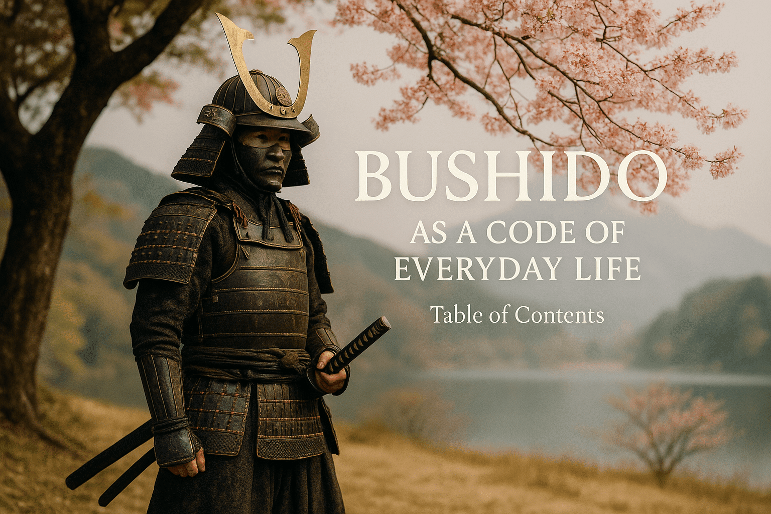 alt_text: A serene eBook cover depicting a samurai, cherry blossoms, and tranquil landscapes, embodying Bushido.