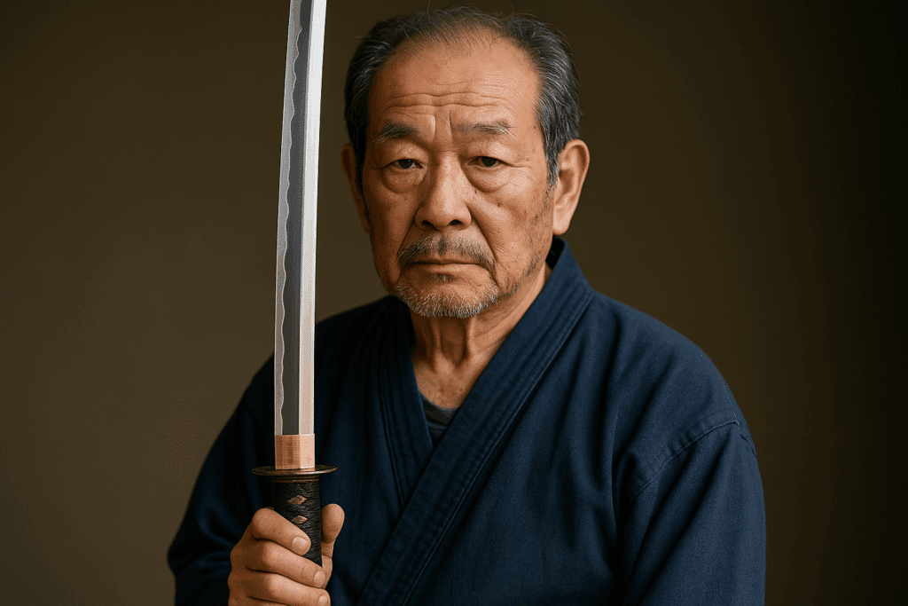 alt_text: Portrait of Ōno Yoshimitsu Mukansa with a stunning katana, embodying Japanese craftsmanship legacy.