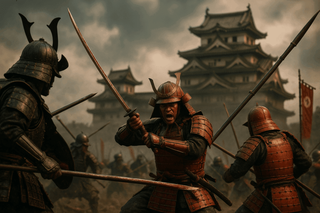 **alt_text:** A dramatic cover illustrating samurai in battle, featuring castles, weapons, and a rich color palette.