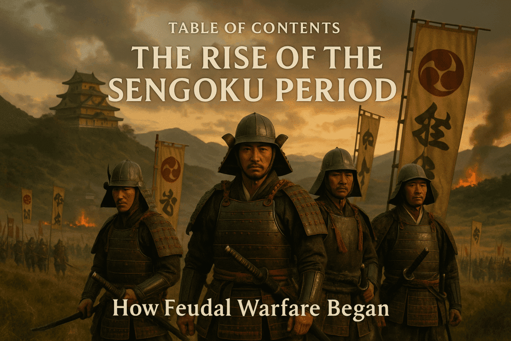 alt_text: "Cover image of samurai in armor, Japan's landscape, emblems of warlords, capturing Sengoku Period's essence."