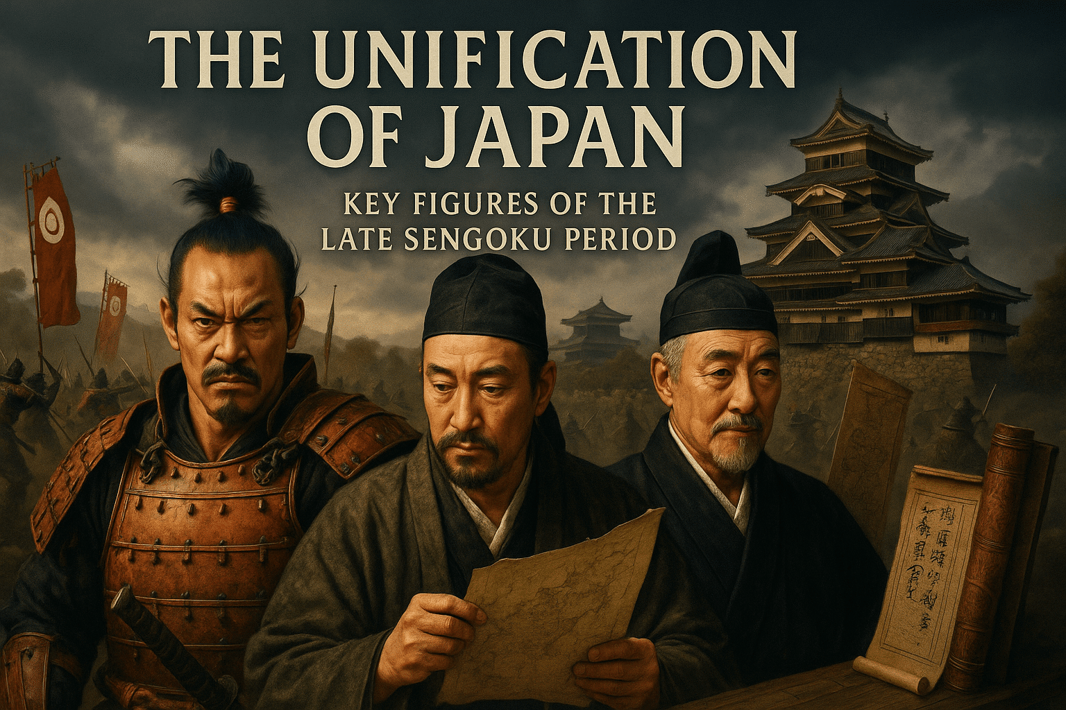 alt_text: A dramatic book cover featuring samurai, key historical figures, and Japan's transition from chaos to unity.