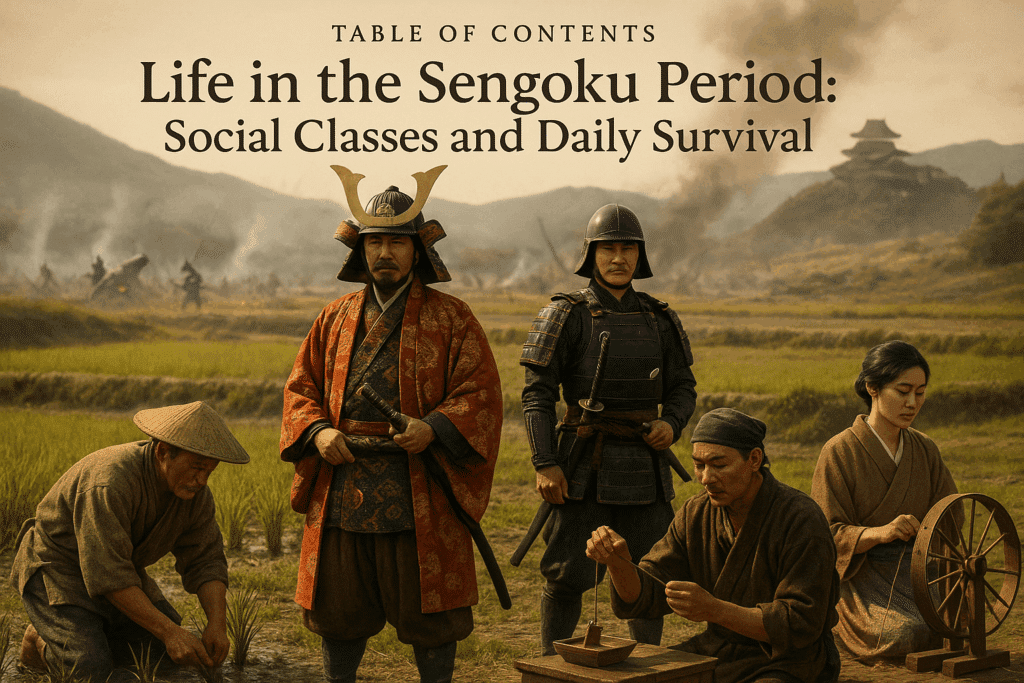 alt_text: A vibrant Sengoku scene showing social classes: a Daimyo, Samurai, Farmer, Merchant, and Woman.